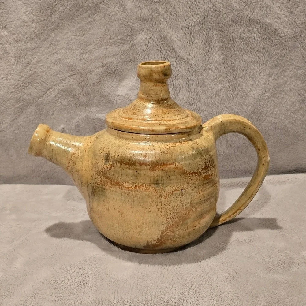 Vintage 1972‎ Moore Signed Studio Pottery Teapot Tan Brown Glazed Stoneware MCM